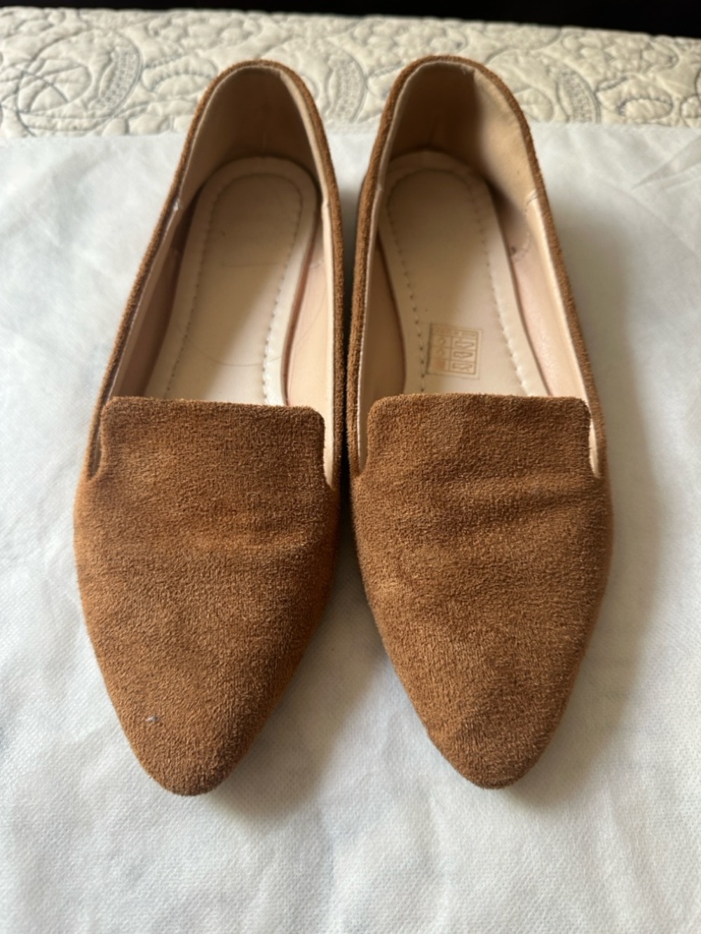Suede Pointed-Toe Flat Loafer in Brown